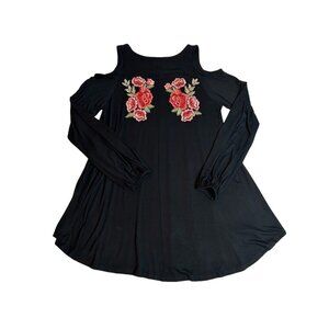 Women's Black Cold Shoulder Top Large With Floral Embroidery Long Sleeves